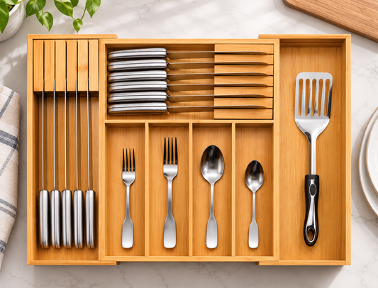 2 Pcs-Bamboo Expandable Silverware Drawer Organizer