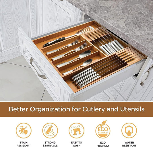 Expandable Silverware Organizer - Bamboo Kitchen Drawer Organizer, Utensil Holder - Drawer Organization and Storage in Kitchen, Bathroom or Bedroom
