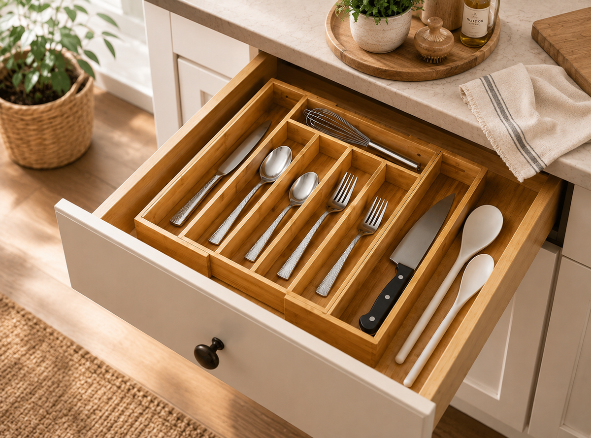 Natural Bamboo Expandable Silverware Organizer