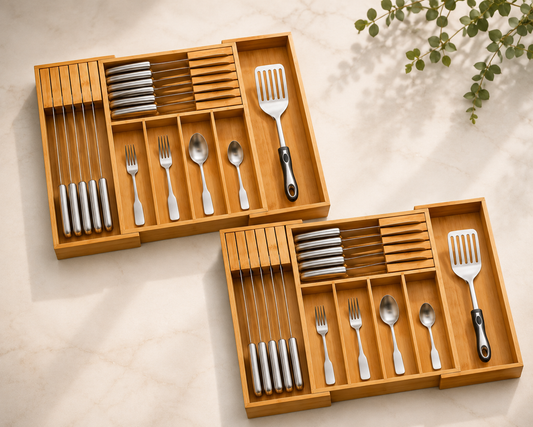 2 Pcs-Bamboo Expandable Silverware Drawer Organizer