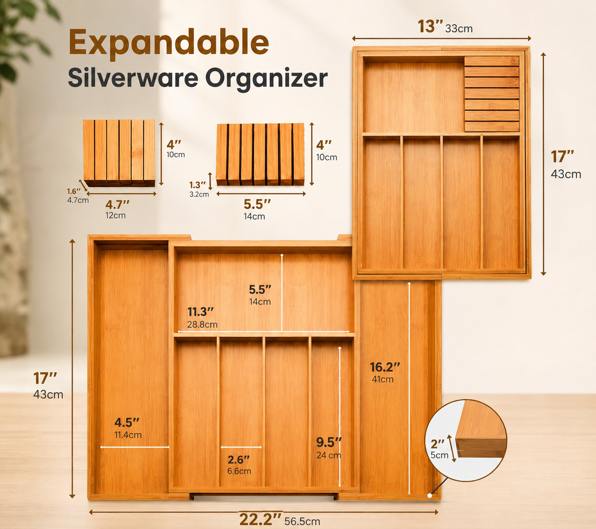 2 Pcs-Bamboo Expandable Silverware Drawer Organizer