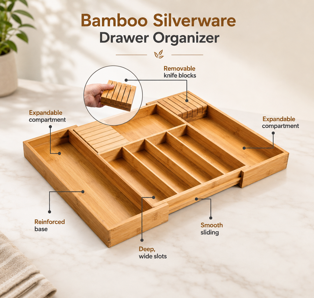 2 Pcs-Bamboo Expandable Silverware Drawer Organizer