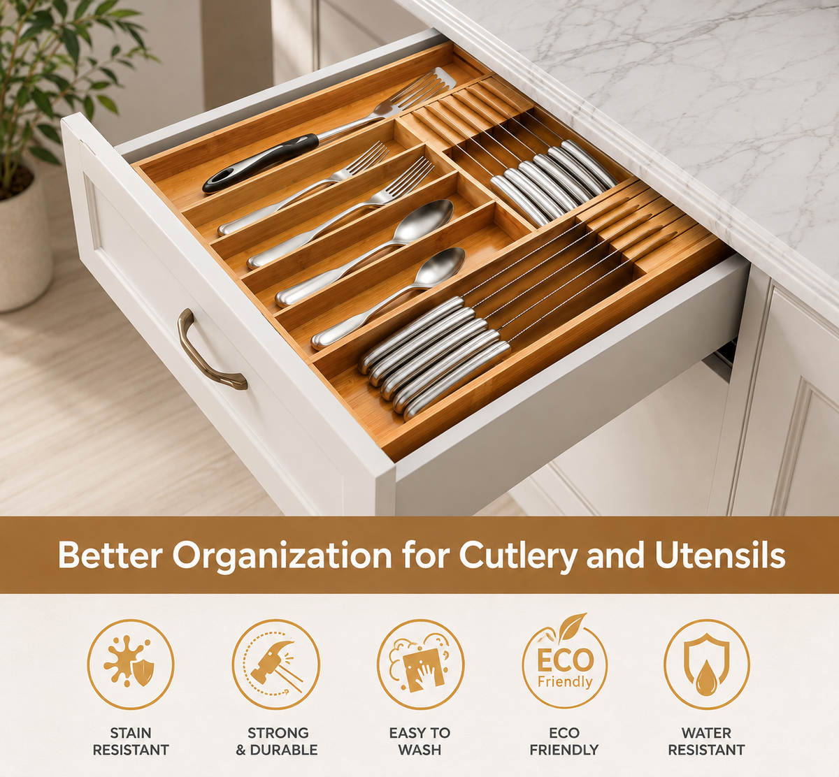 2 Pcs-Bamboo Expandable Silverware Drawer Organizer