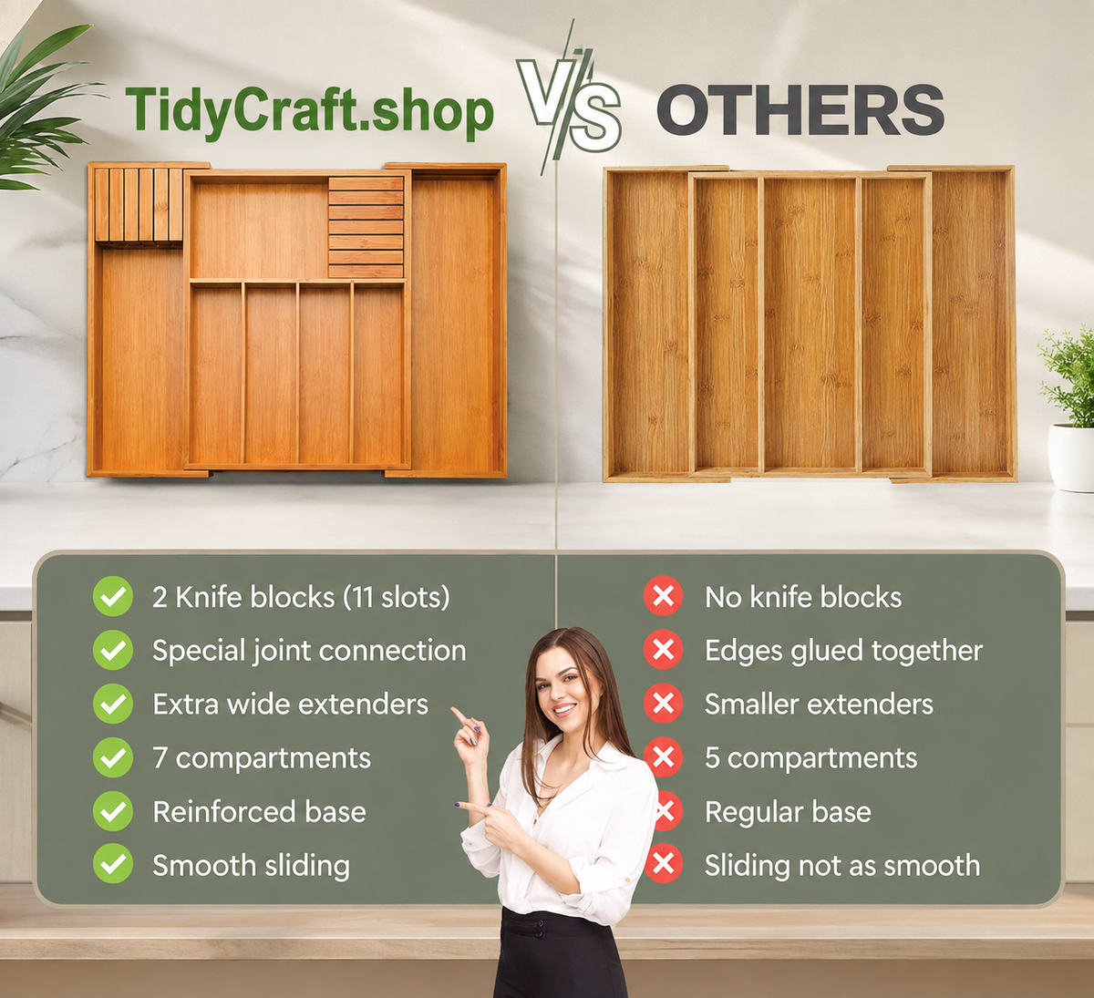 2 Pcs-Bamboo Expandable Silverware Drawer Organizer