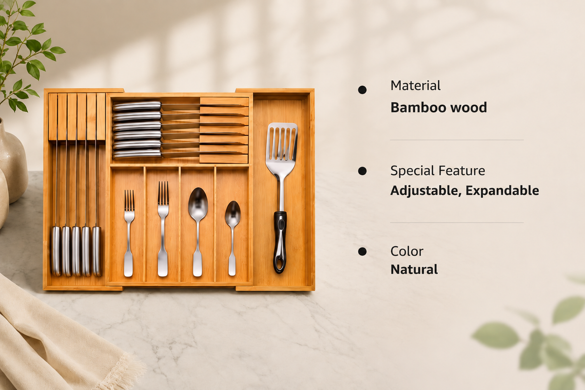 2 Pcs-Bamboo Expandable Silverware Drawer Organizer