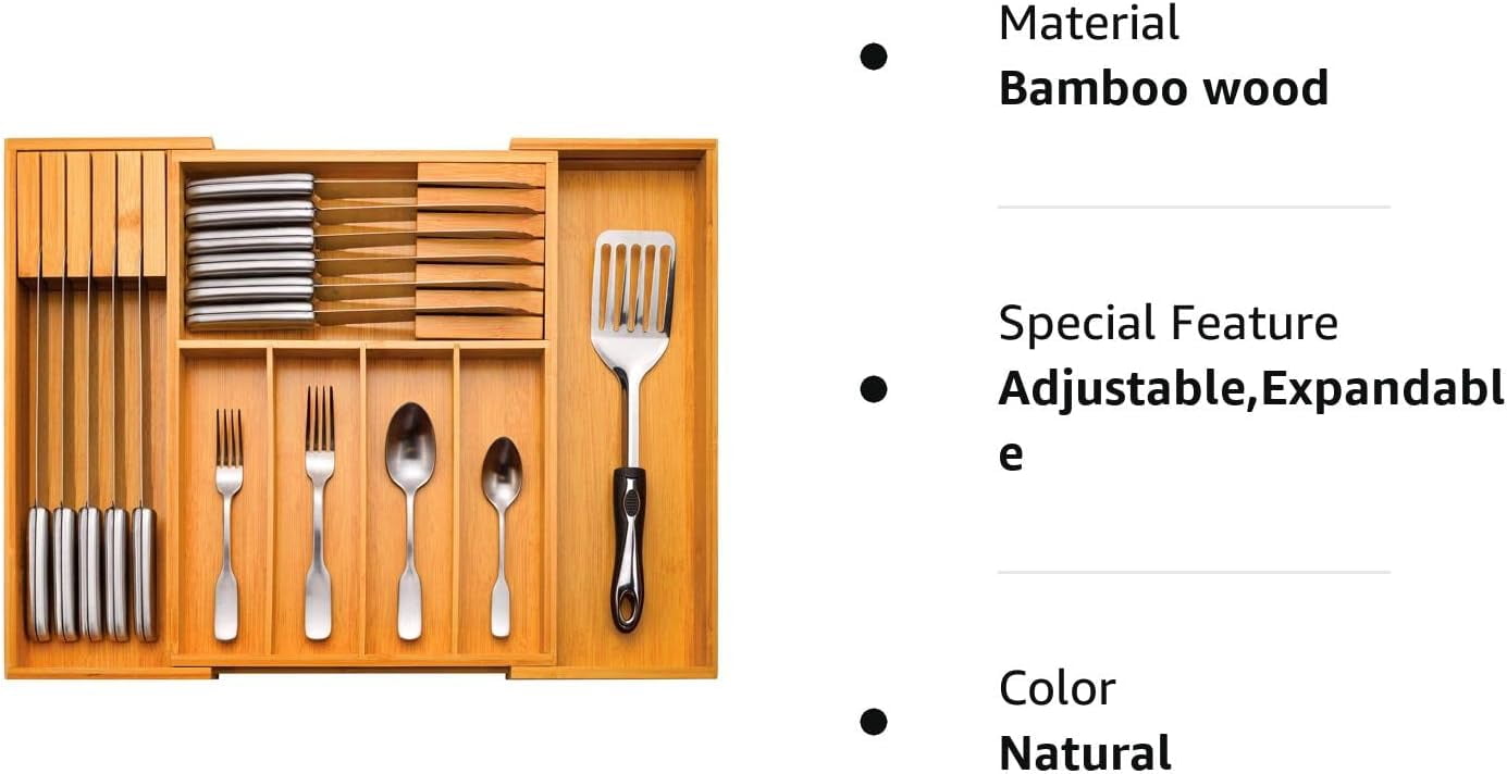Expandable Silverware Organizer - Bamboo Kitchen Drawer Organizer, Utensil Holder - Drawer Organization and Storage in Kitchen, Bathroom or Bedroom