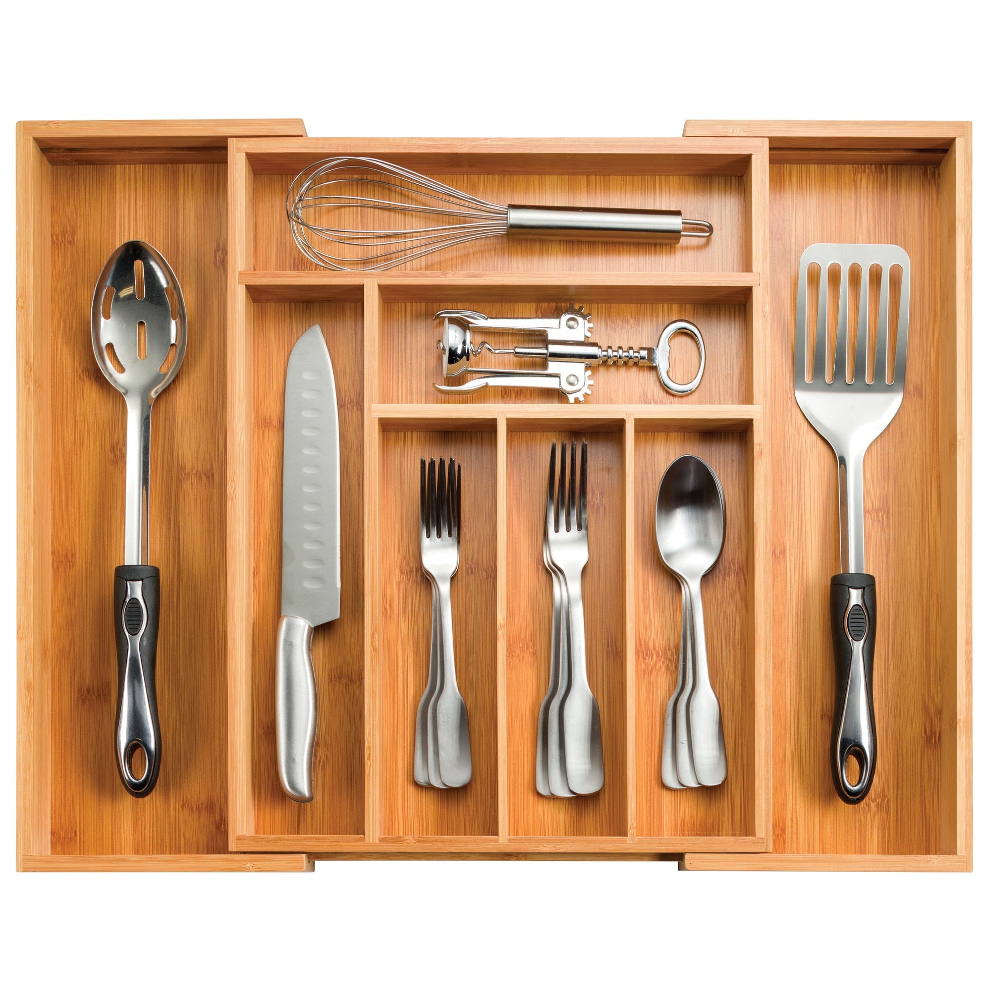 Expandable Silverware Organizer - Bamboo Kitchen Drawer Organizer, Utensil Holder - Drawer Organization and Storage in Kitchen, Bathroom or Bedroom
